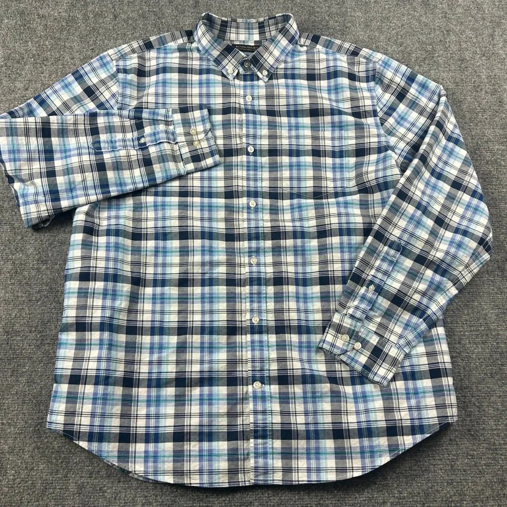 Banana‎ Republic Shirt Mens XL Blue Plaid Camden Fit Stretch Oxford Button Down